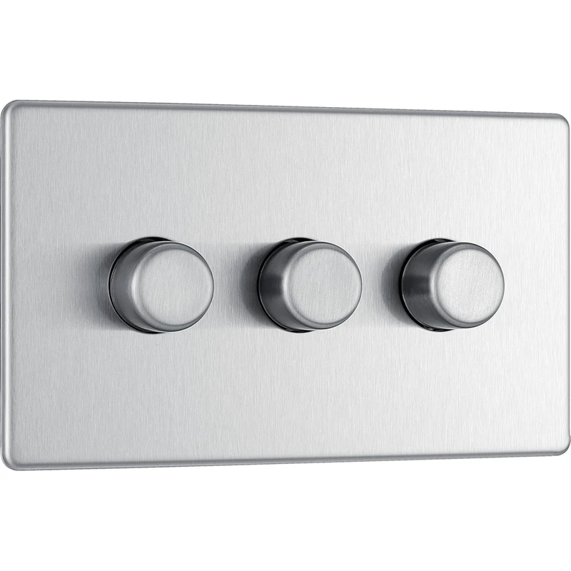 BG Electrical Intelligent Triple Wall Dimmer Switch, 2 Way, Screwless Front Plate, Premium Flatplate, Brushed Steel, 200W, FBS83