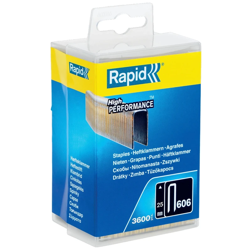 Rapid High-Performance Staples for Dense Materials, Narrow Crown No. 606, Leg Length 25mm, Staple Gun Staples, Resin-Coated Galvanised Steel, 3600 Pieces, Plastic Box (40303095)
