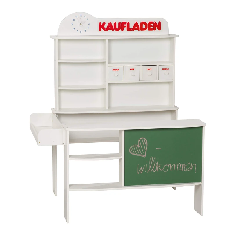 roba wooden grocery shop for children, shop, sales, stand with 4 drawers, clock, table, counter & side bar cabinet, white and natural.