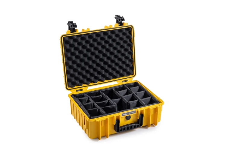 B&W Outdoor Transport Case - Type 5000 with Padded Divider - Yellow - Waterproof according to IP67 Certification, Dustproof, Virtually Indestructible
