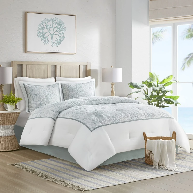 Harbor House All Season Down Alternative Bedding with Matching Shams, Bedskirt, Cotton, Maya Bay, Seafoam Blue, Queen