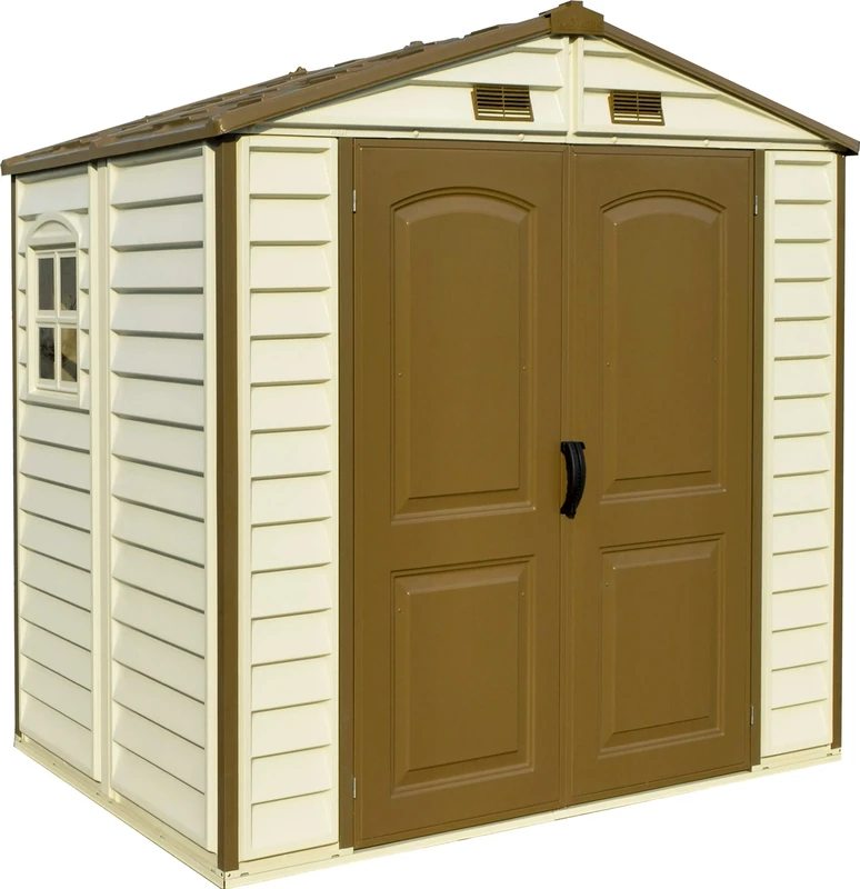 Duramax StoreAll 8 x 6 (4.12 m2) Plastic Garden Storage Shed with 1 Fixed Window & Metal Foundation Kit, Strong Metal Roof Structure Fire Retardant and Maintenance-Free Storage Shed - Ivory/Brown