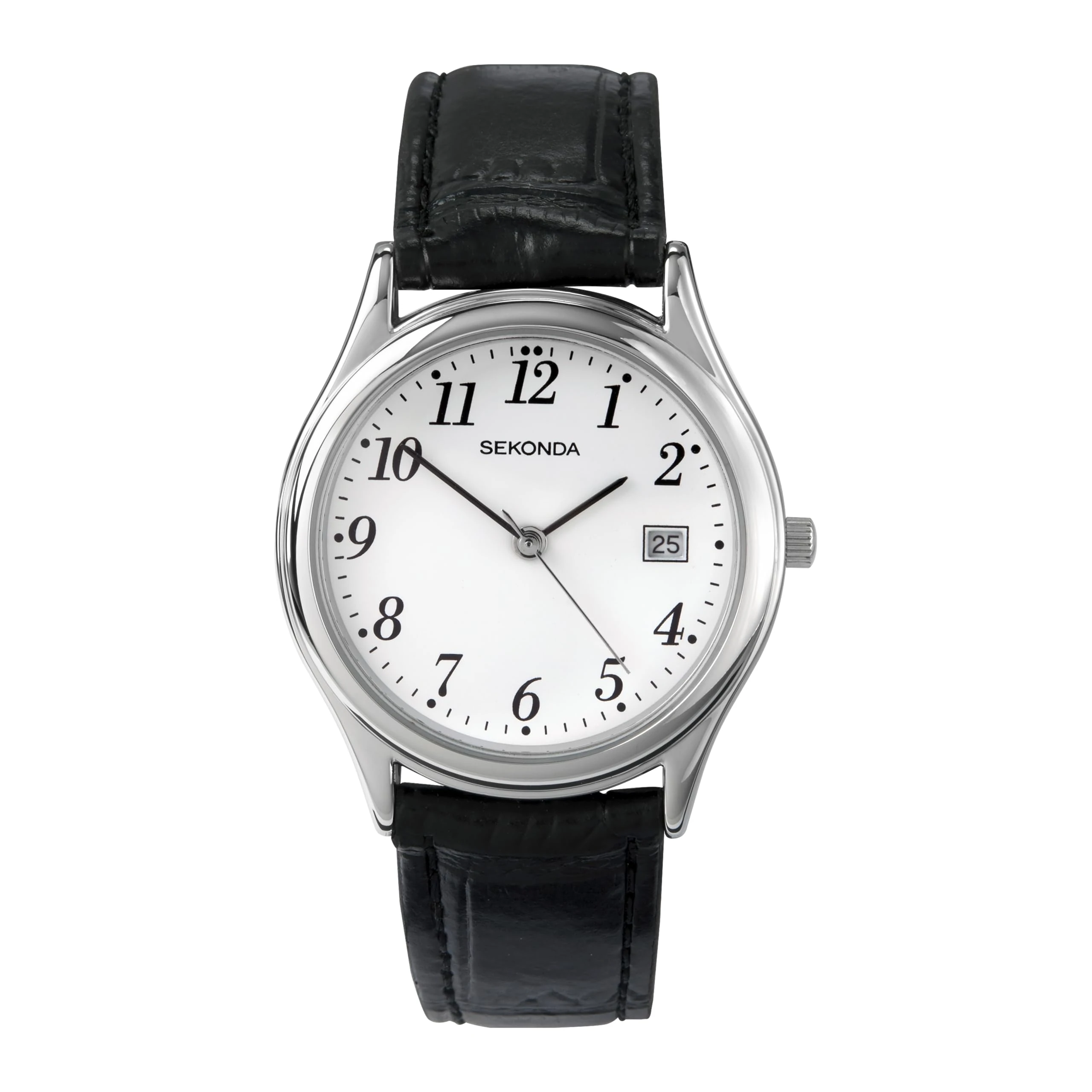 Sekonda Robinson 40mm Mens Silver Watch with White Dial Analogue Display Date Window and Black Leather Strap