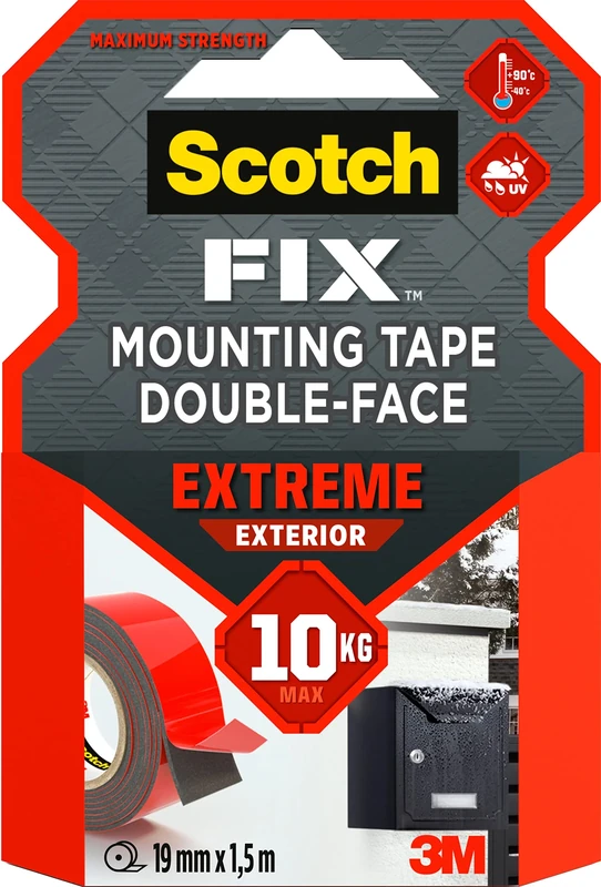 Scotch-Fix Double-Sided Extreme Exterior Mounting Tape, 19mm x 1,5m - For Outdoor Extreme Use, Weather Resistant, Permanent Tape, 100% Adhesive, 3M Advanced Technology - Holds up to 10kg