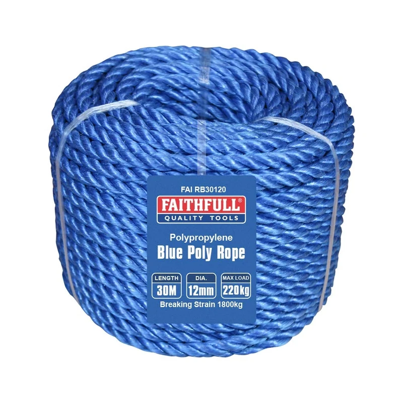 Faithfull Blue Poly Rope Coil - 12mm Dia x 30 Meters, Max Load 220kg, Breaking Strain 1800kg