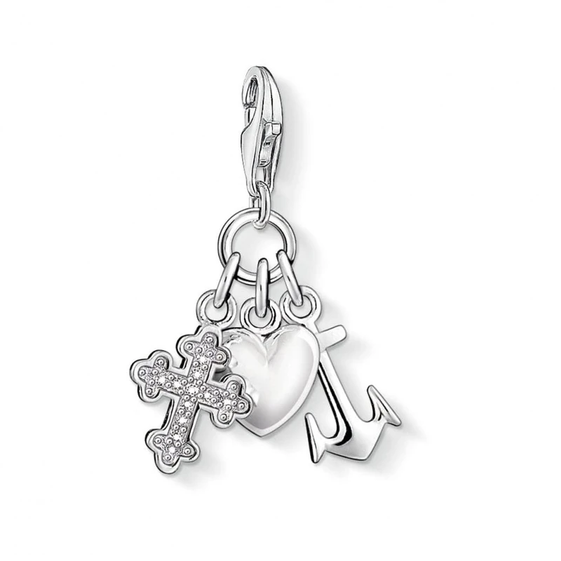 THOMAS SABO Women Charm Pendant Faith Love Hope Cross Heart Anchor Charm Club 925 Sterling Silver 0409-051-14