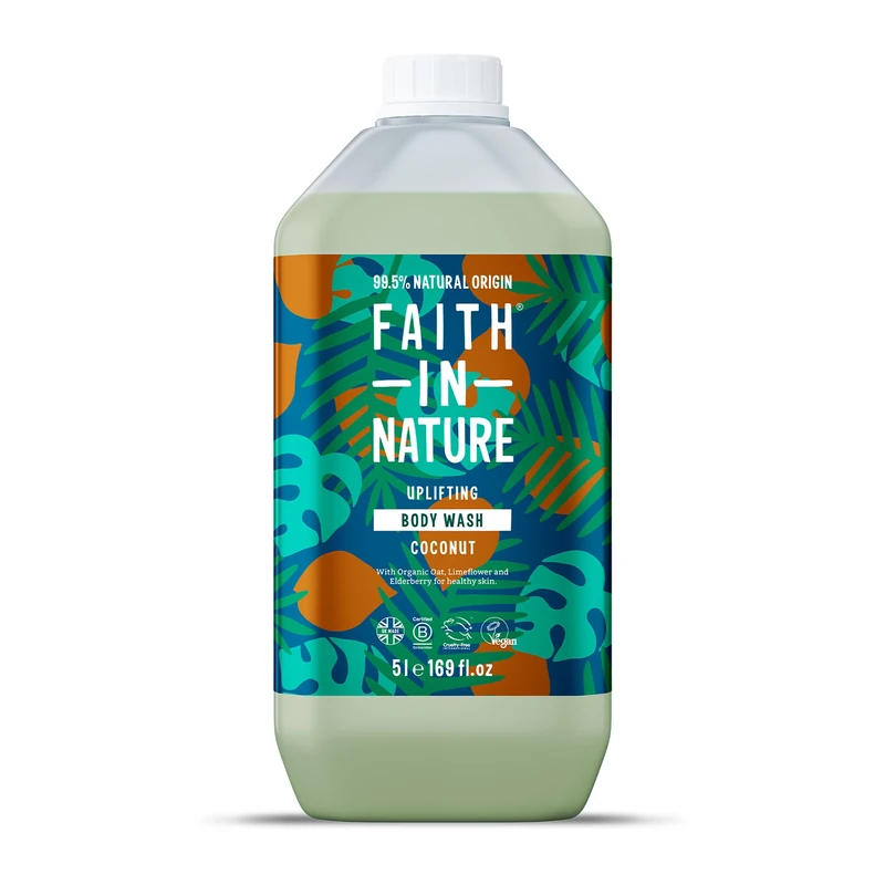 Faith In Nature Organic Coconut Body Wash, Uplifting Shower Gel, Vegan & Cruelty Free, No SLS or Parabens, 5L Refill Pack