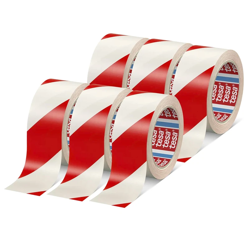 tesa 60760 Floor Marking - Soft PVC Marking Tape - Warning Tape for Temporary Work Area Labeling, Ideal for Indoor Use - Red/White - 33 m x 5 cm - Pack of 6