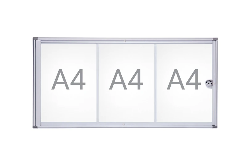 MAUL Display case A4 extra slim display cabinet with 3 x DIN A4 pages, information board with aluminium frame and glass door, space-saving flat design, lockable with lock, aluminium