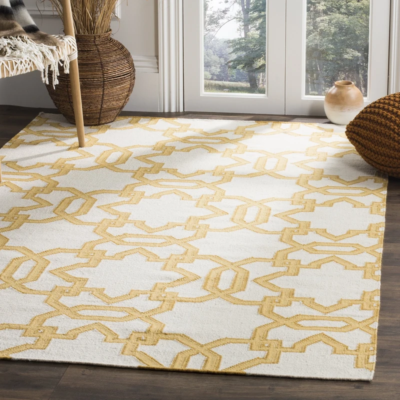 Safavieh Contemporary Indoor Flatweave Rectangle Area Rug, Dhurrie Collection, DHU751, in Ivory / Yellow, 183 X 274 cm for Living Room, Bedroom or Any Indoor Space