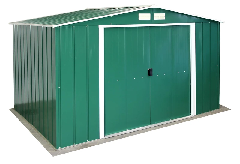 Duramax ECO 10' x 8' Hot-Dipped Galvanized Metal Garden Shed - Green with Off-White Trimmings - 15 Years Warranty