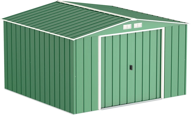 Duramax ECO 10' x 10' Hot-Dipped Galvanized Metal Garden Shed - Green with Off-White Trimmings - 15 Years Warranty