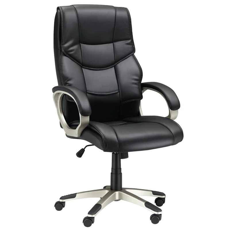 HOMCOM Office Chair, Computer Desk Chair, Faux Leather Swivel Chair with Adjustable Height, Padded Seat and Rolling Wheels for Home Study and Work, Black