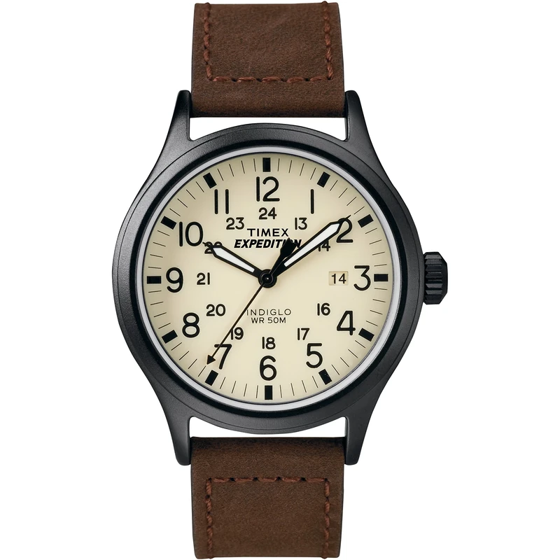 Expedition Men's Quartz Watch with Beige Dial Analogue Display and Brown Leather Strap T49963SU