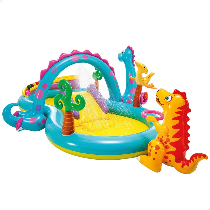 Intex-57135NP Dinoland Play Center-Inflatable water play center, assorted model (with and without volcano), multi-colored, 333x229x112 cm-280 Liters (57135NP)