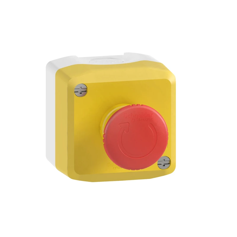 Schneider Electric - Harmony XALD Control Station, Plastic, Yellow Lid, 1 Red Mushroom Push Button 40, Turn to Release, 1 NC, XALK178