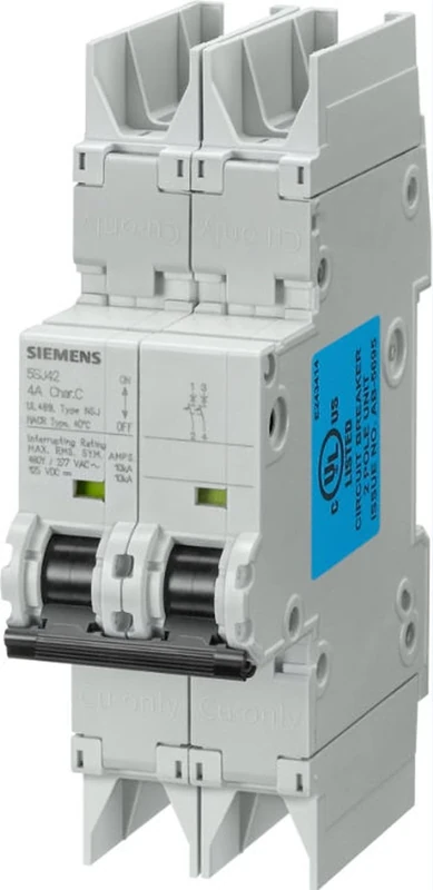 Siemens 5SJ42308HG42 Miniature Circuit Breaker, UL 489 Rated, 2 Pole Breaker, 30 Ampere Maximum, Tripping Characteristic D, DIN Rail Mounted, Type NSJ, 480Y/277 VAC, 125 VDC