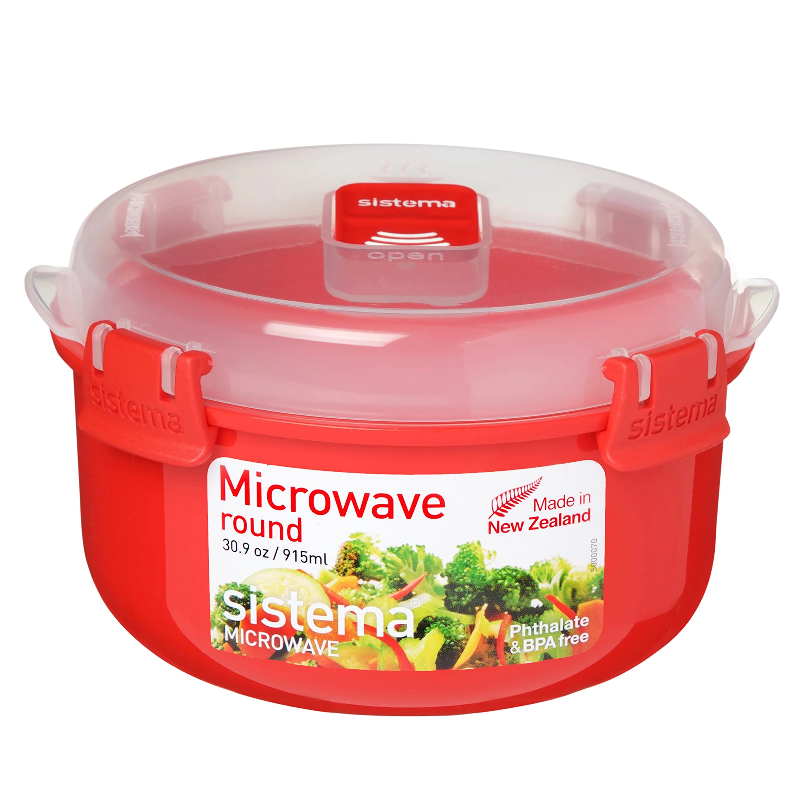 Sistema Microwave Round Bowl | 915 ml Food Container with Steam Release Vent | BPA-Free | Red/Clear