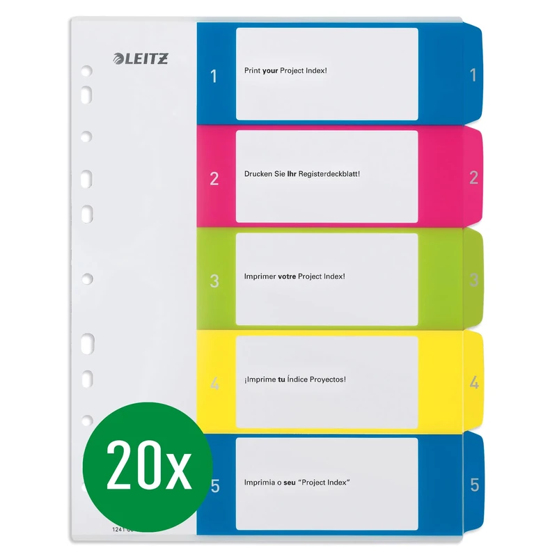 Leitz Index for A4, Pack of 20, PC-writable Cover Sheet and 5 dividers, tabs with Number Print 1-5, Extra Width, Multicoloured, Polypropylene, Wow, 12410000