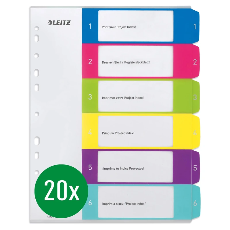 Leitz Index for A4, Pack of 20, PC-writable Cover Sheet and 6 dividers, tabs with Number Print 1-6, Extra Width, Multicoloured, Polypropylene, Wow, 12420000