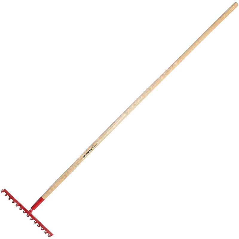 Fiskars Classic Soil Rake, With 14 Tines, Width: 36 cm, Hardened Steel Tines/Ash wood handle, Red, 1003705