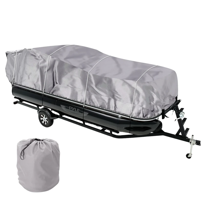 Universal Boat Adjustable Storage Cover - 17'-20'L to 96” Pontoon Boats Protection Custom Heavy Duty Waterproof Mildew Weather Resistant Polyester Fabric, Snap Strap, Elastic Cord, Bag - Pyle PCVHP440