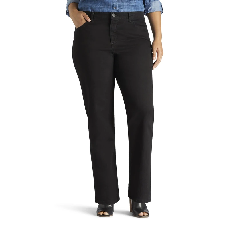 Lee Women's Plus Size Instantly Slims Classic Relaxed Fit Monroe Straight Leg Jean, Black, 24 Plus Petite