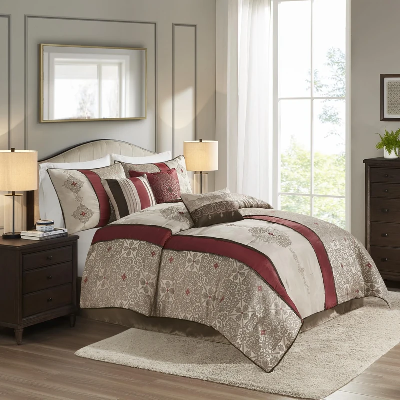 Madison Park All Season Set, Matching Bed Skirt, Decorative Pillows, Polyester, Donovan, Red Medallion, Queen(90"x90")