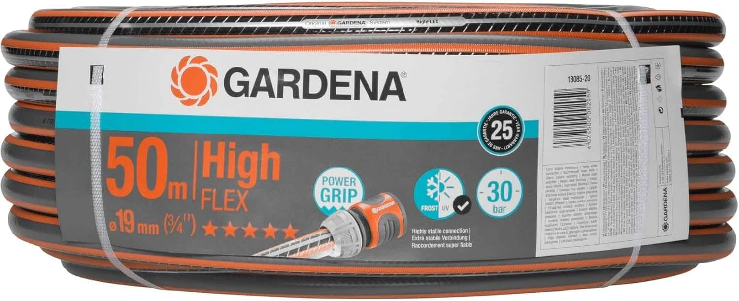 Gardena Comfort Highflex Hose 19 mm (3/4 inch), 50 m: Garden Hose with Power-Grip Profile, 30 bar Bursting Pressure, Highly Flexible, dimensionally Stable, UV-Resistant, Packed (18085-20)
