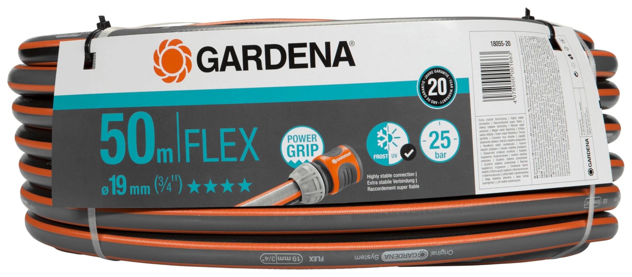 Gardena Comfort Flex hose 19 mm (3/4 inch), 50 m: Dimensionally stable, flexible garden hose with a power grip profile, of high-quality Spiral fabric, 25 bar burst pressure, without parts (18055-20)