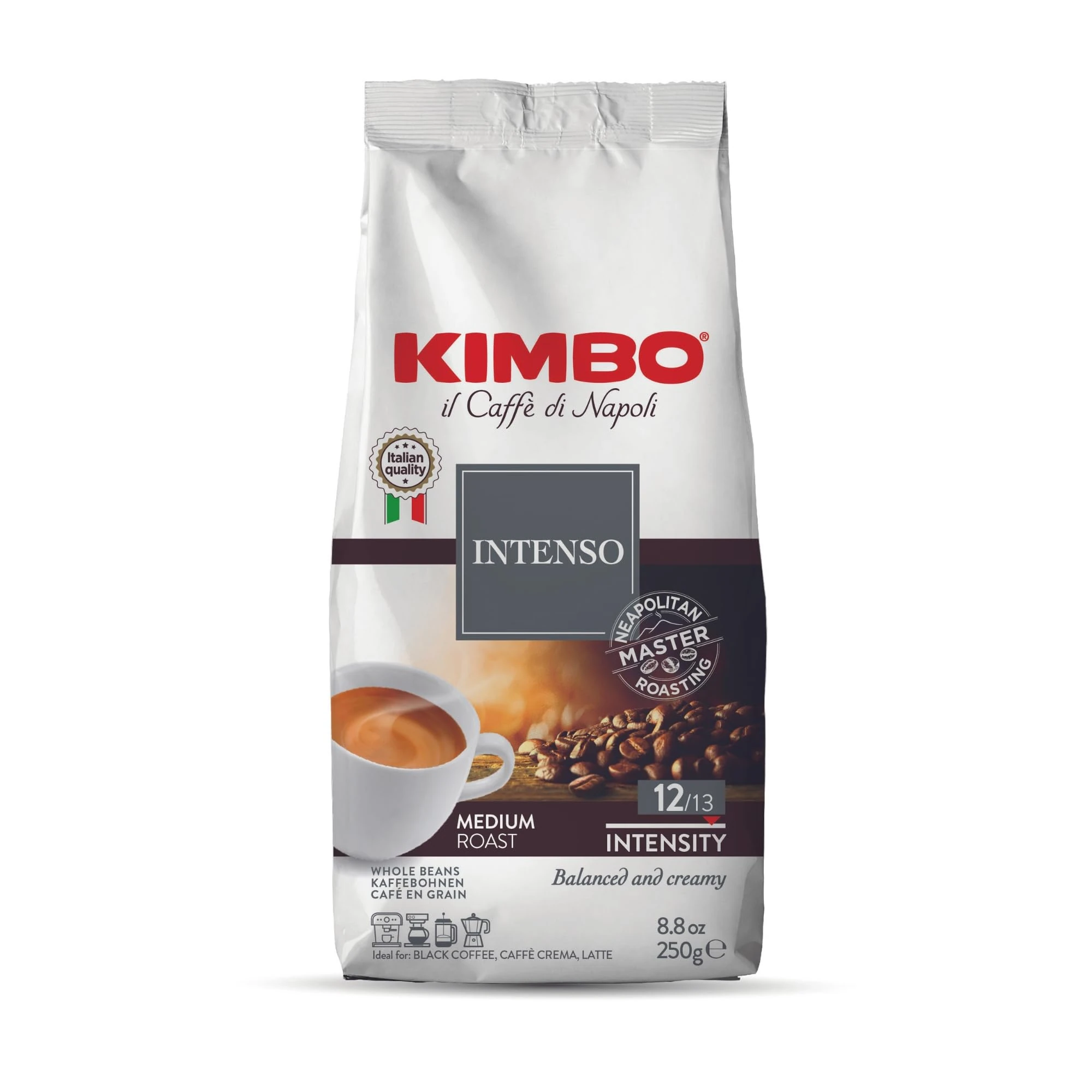 Kimbo Coffee Intenso Coffee Beans 250g | Italian Medium Roast | Full Body, Traditional Naples Blend | Arabica Whole Beans