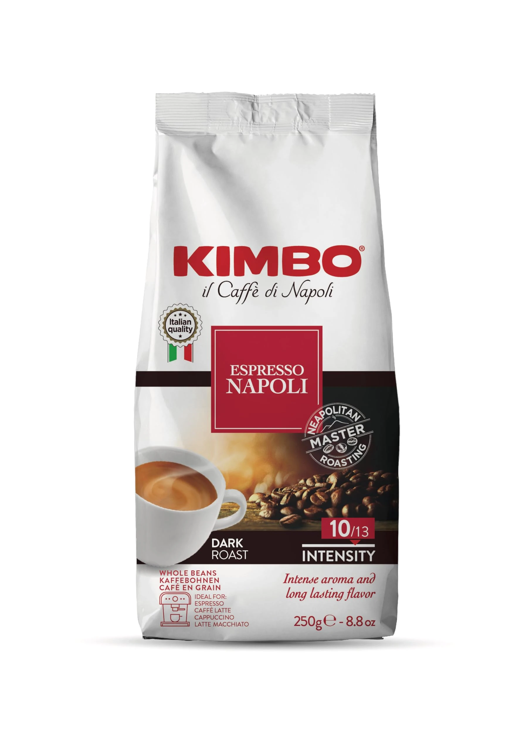 Kimbo Coffee Espresso Napoli Beans 250g | Italian Dark Roast with Intense Flavour | Whole Coffee Beans | Premium Blend for Espresso Machines & Bean-to-Cup Brewing
