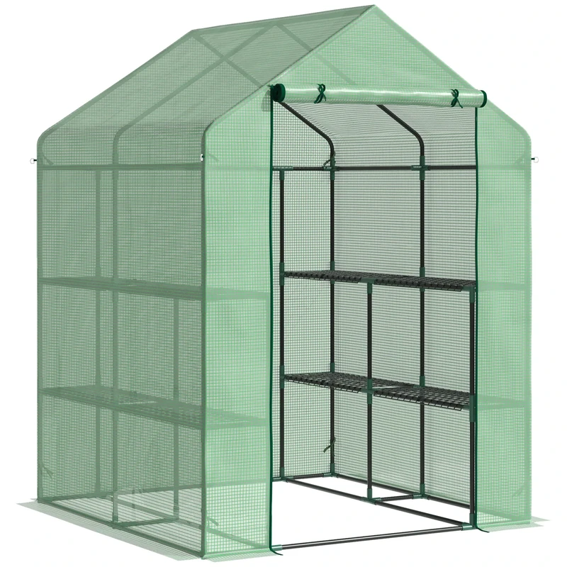 Outsunny Walk-in Small Greenhouse with Shelves, Outdoor Green House Grow House with Waterproof PE Cover and Roll-up Door, 143x143x195cm, Green