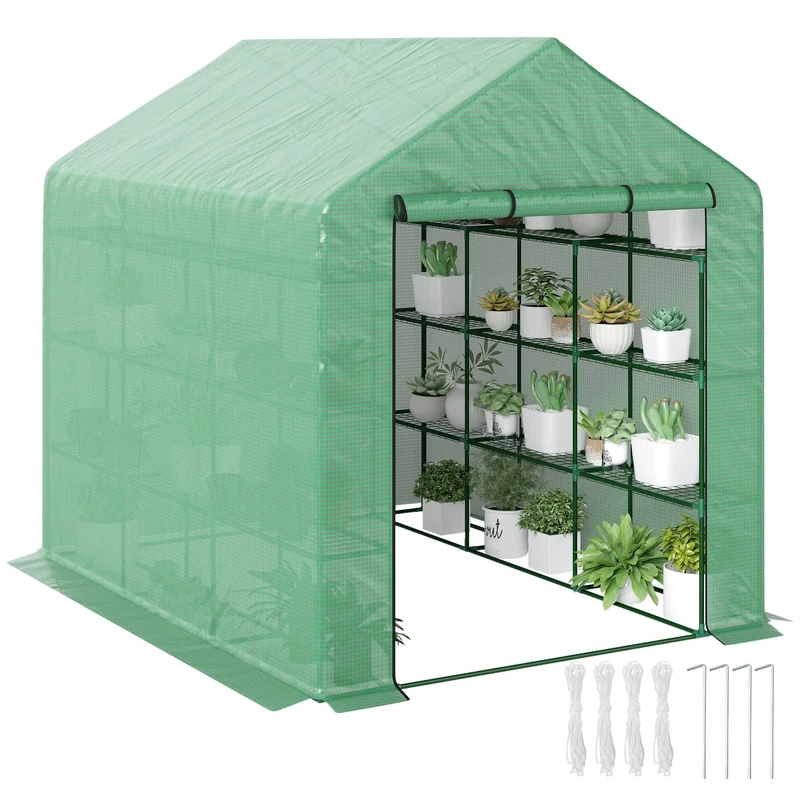 Outsunny Walk-in Greenhouse with 4 Tier 24 Shelves, Portable Grow House with Roll-up Zipped Door, 244 x 180 x 210 cm, Green