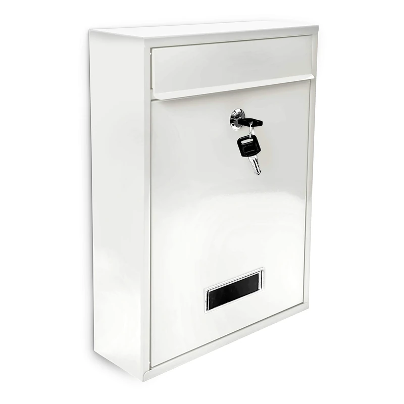 Relaxdays Mailbox/Letterbox made of Metal, Hinged Lid with a Name Plate + 2 Keys, HxWxD: 26.5 x 35 x 8.5 cm, White - Image 1