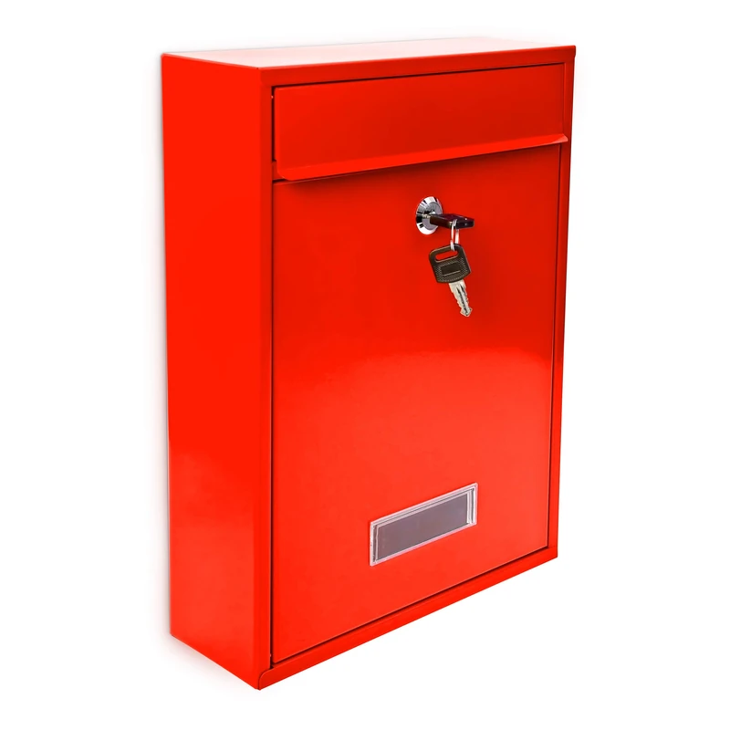 Relaxdays Mailbox/Letterbox made of Metal, Hinged Lid with a Name Plate + 2 Keys, HxWxD: 26.5 x 35 x 8.5 cm, Red, Steel