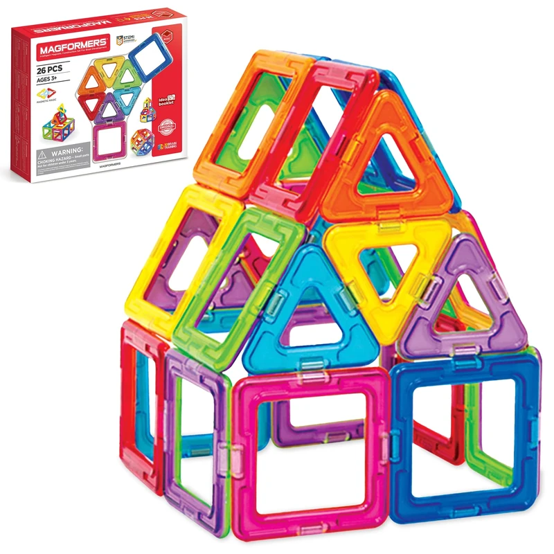 Magformers 701004 Construction (26-Piece) -STEM Toy, Authentic Used in Schools to Teach Maths and Geometry. Rainbow-Coloured Squares and Triangles with Rotating Magnets