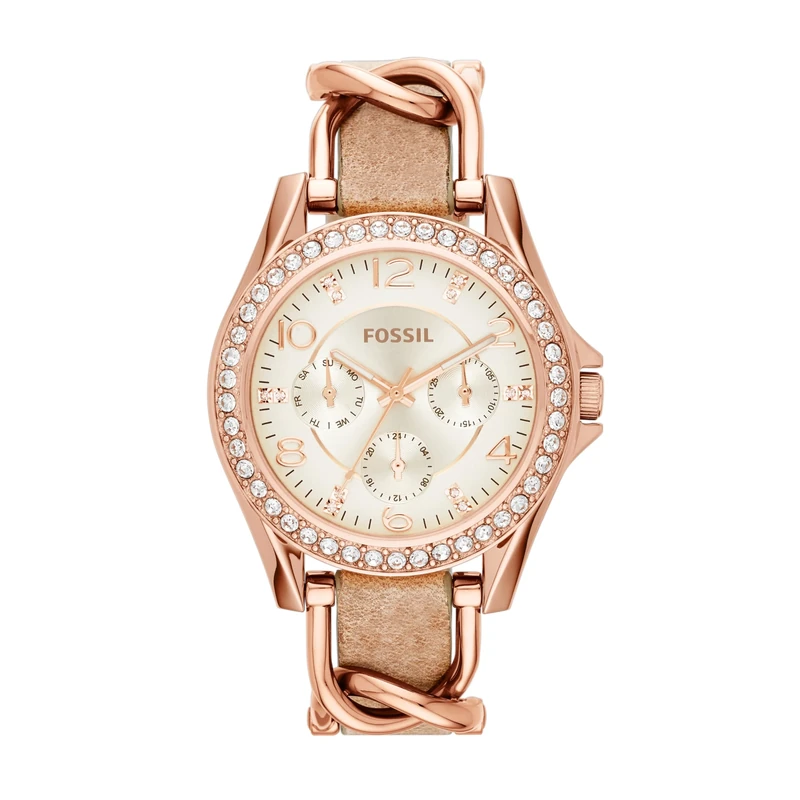 FOSSIL Riley Multifunction Rose-Tone and Sand Watch, Women's Analogue Quartz Wrist Watch, with Light Brown Leather Band and Rose Gold Stainless Steel Case in Gift Box, Water Resistant