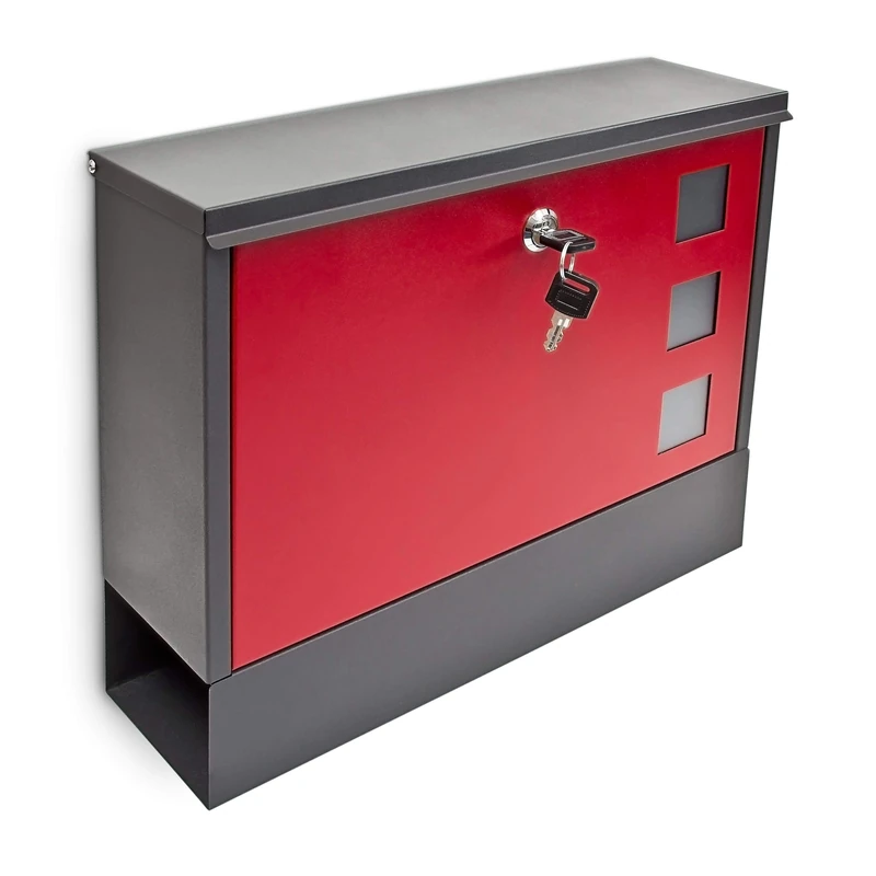 Relaxdays Modern Two Coloured Mailbox Letterbox Lockable with Two Keys and Newspaper Slot, Black-Red