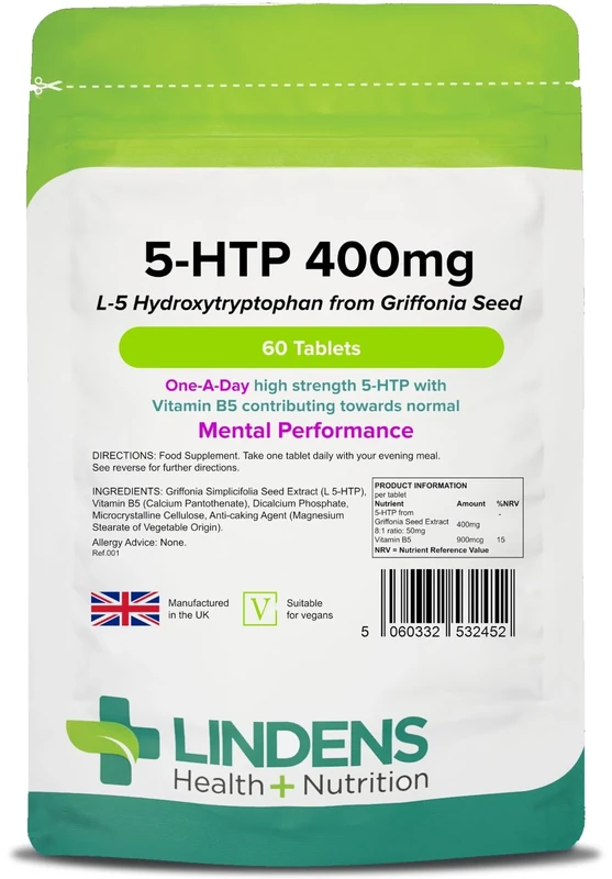 Lindens 5-HTP 400mg (60 Tablets) - 50mg Griffonia Extract, Vegan, UK Made