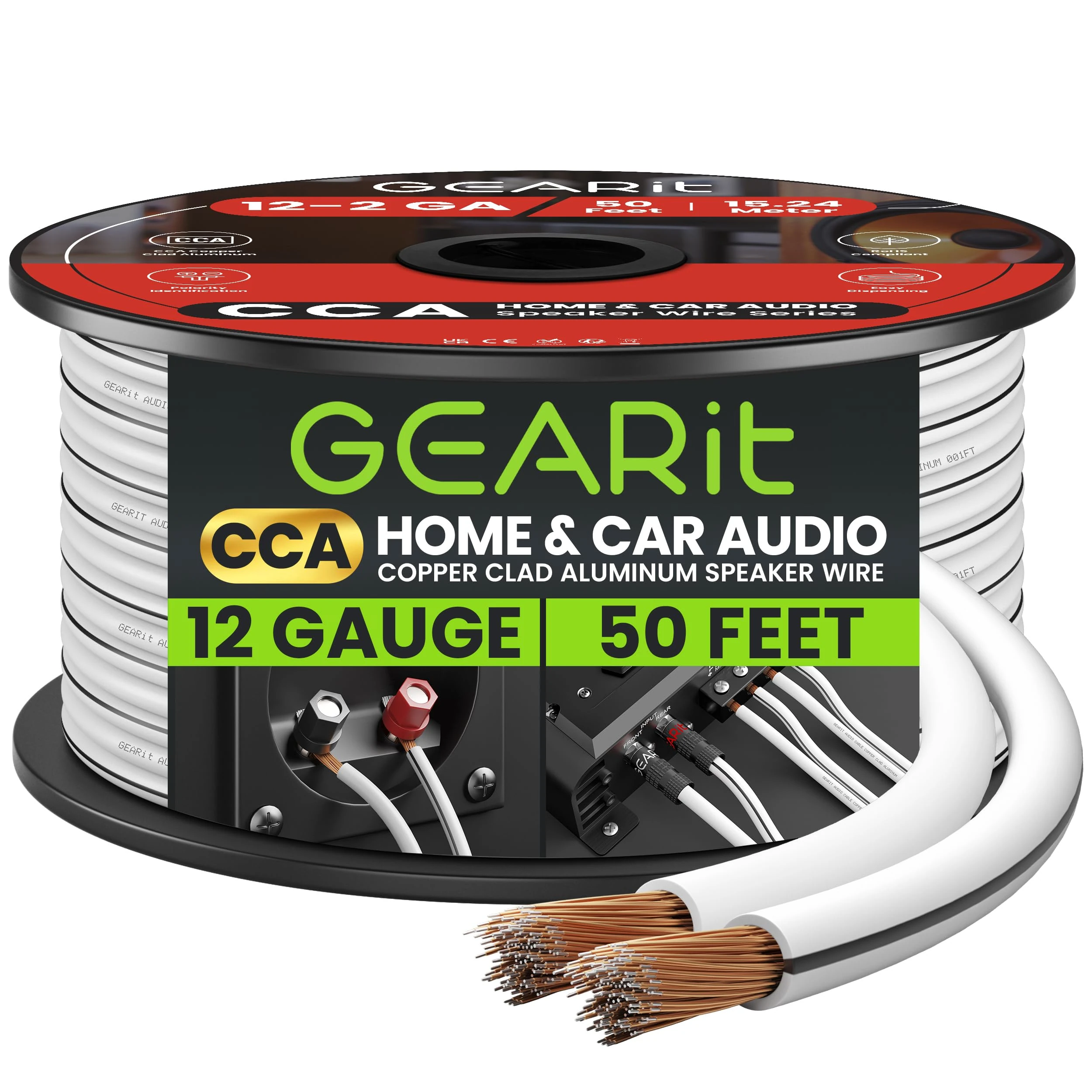 GearIT Speaker Wire Audio Cable CCA 2x4mm≤ (15.24 Meters - White) Copper Clad Aluminum - Great for Hi-Fi Home Theater and Car Speakers - 12 Gauge AWG, 50 Feet