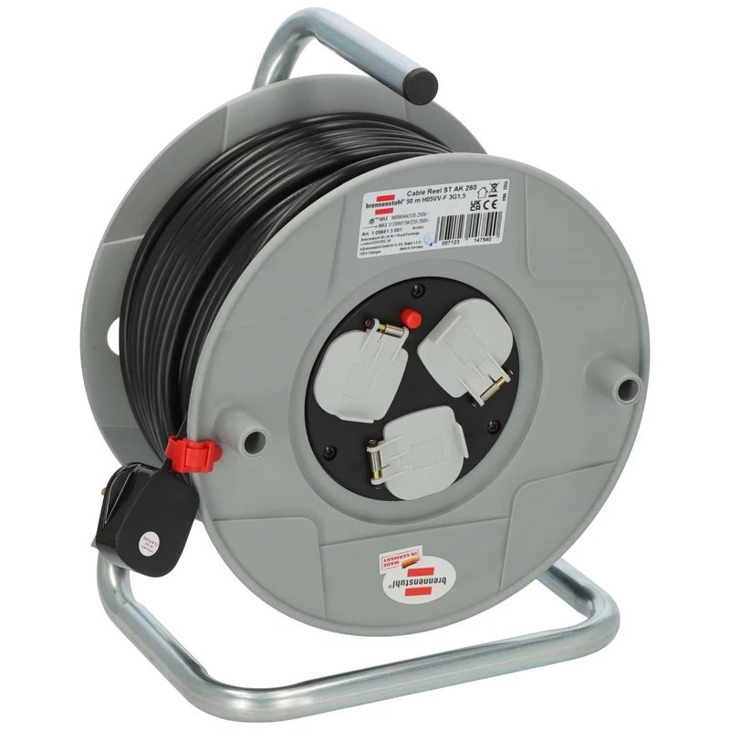 Brennenstuhl Standard 3-way socket Cable Reel (50m Extension Lead, Extension Lead Reel with thermal cut-out protection, cable colour: black)