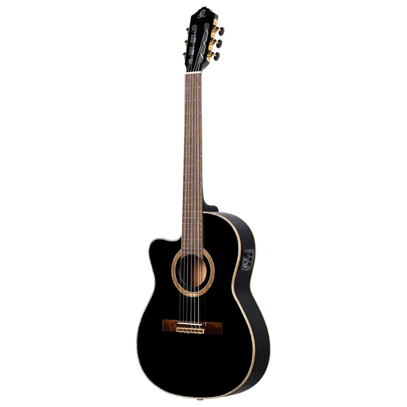 Ortega Guitars Classical Guitar Left-Handed – Electro-Acoustic, 4/4, Slim Neck, Thinline Body – Performer Series – Including Gig Bag – Solid Sitka Spruce / Sapele, Black (RCE138-T4BK-L)
