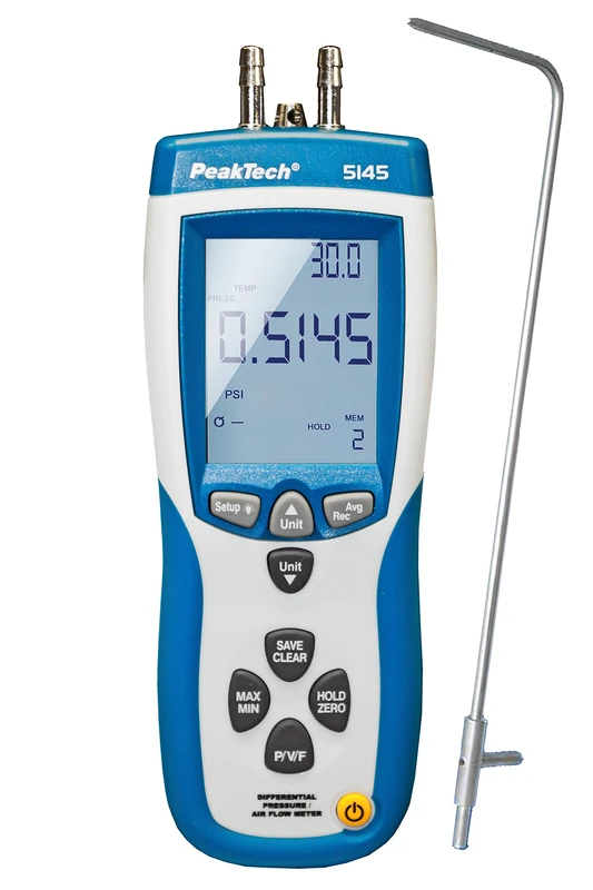PeakTech P 5145 2 in 1 Differential Pressure Gauge and Air Speed Meter with Pitot Pipe, Differential Pressure Gauge with USB, Air Mass and Air Temperature