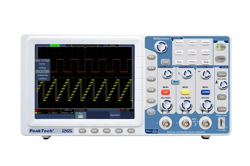 PeakTech 1265 - 2-channel (30MHz) memory oscilloscope with USB, VGA, LAN interface and 8 "high resolution TFT color display, 20 automatic measurement modes, (10,000 / Ch.)
