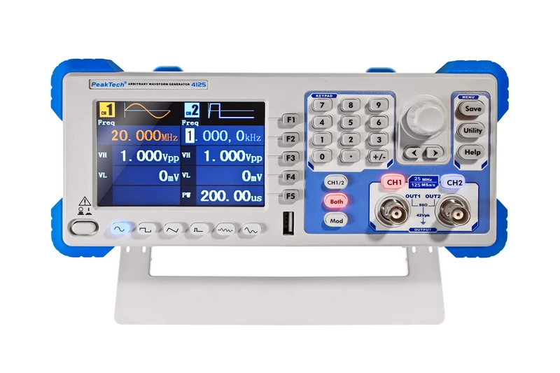 PeakTech P 4125 – 25MHz, 1 µHz, 2 channel arbitrary waveform generator, 200 MHz frequency, arbitrary function, AM, FM, PM, FSK, 3.9 "TFT color screen scan / burst function