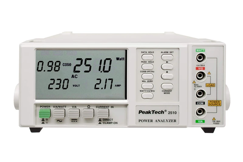 PeakTech 2510 Power Analyzer, Wattmeter, Current Meter, 1 Phase Power Analyzer up to 1000 kW, Display up to 10000 kWh with RS-232, Cos Phi, Frequency, Resistance, 600 V AC, 1000 A AC DC, P 2510