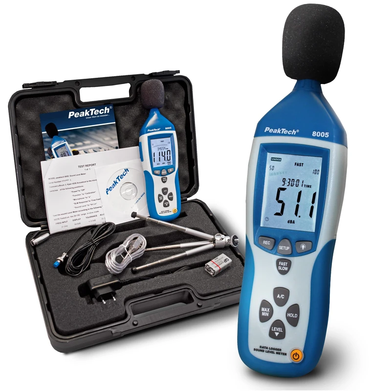 PeakTech 8005 - Sound level meter with 32000 points Data logger & USB, Calibrator, Professional long-term sound level recorder, Analogue, Noise Tester, AC/DC outputs, Decibel Measuring 30 - 130 dBA