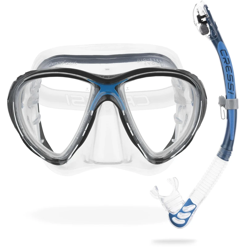 Cressi Big Eyes Evo & Alpha Ultra Dry Snorkel Set - Raked-Lens Diving Mask - Silicone Skirt Snorkel Mask - Dry-Top Technology Scuba Diving Gear - Clear/Blue