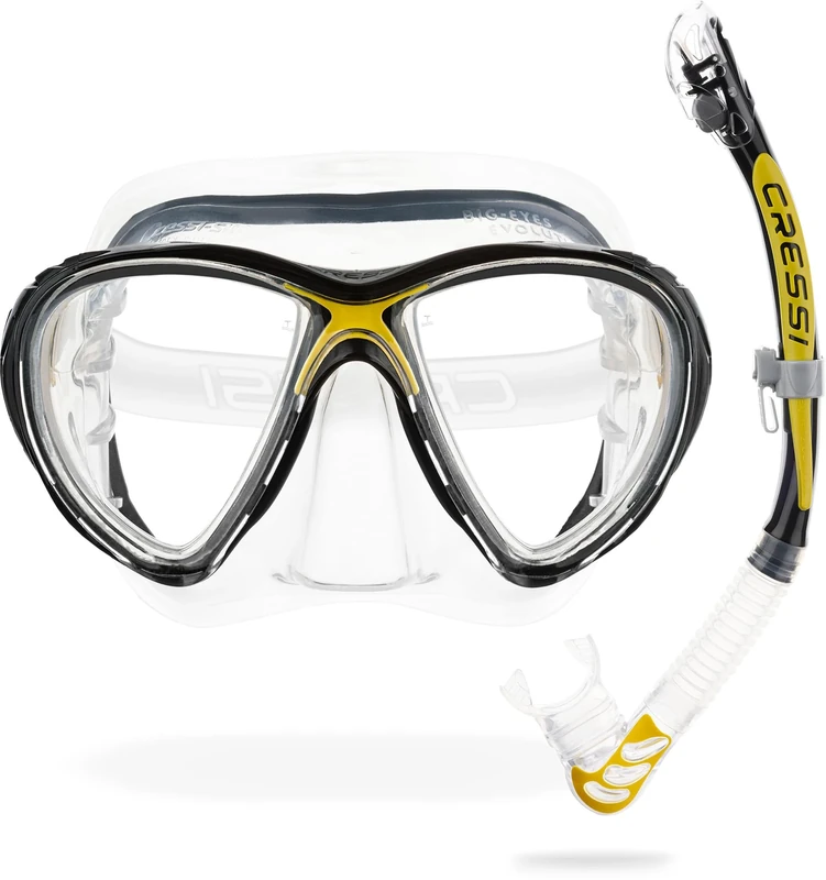 Cressi Big Eyes Evo & Alpha Ultra Dry Snorkel Set - Raked-Lens Diving Mask - Silicone Skirt Snorkel Mask - Dry-Top Technology Scuba Diving Gear - Clear/Yellow